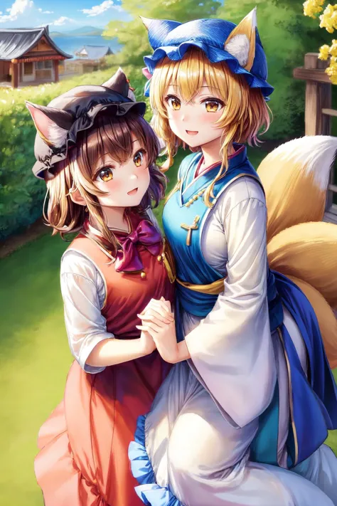 two anime girls in costumes hugging each other in a garden