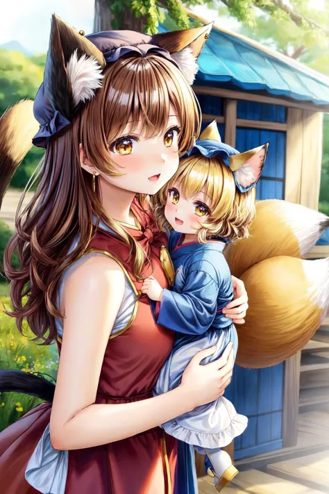 ((masterpiece)), ((best quality)), ((extremely detailed)), prefect lighting, illustration, high-res, nature, outdoor, countryside, tahara trail, forest, shrine wonderland 
AND 
(2girls hand in hand), Chen, brown hair, short hair, mob cap, animal ears, earrings, 2+black cat tail, red dress, bow 
AND 
(2girls hand in hand), Chanta, fox_girl, matured, fox ears, white cap, (fox_tail, 9+tails):2, yellow short hair, smile, enchanting expressionless, long kimono, blue tabard, dress, very long sleeves, white boots, calligraphy, amulet, talisman, written charm, size difference:0.65.
<lora:add_detail:0.7> <lora:Chanta_LoRA-02:0.4> <lora:chen:0.4>