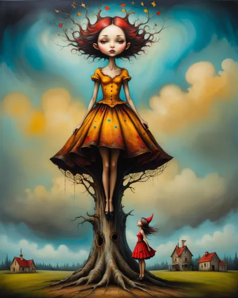 Psychedelic style in the style of essaye Andrew,essaye Andrew style,essaye Andrew art,essaye Andrewa girl is standing in a tree stump, inspired par Esaü Andrews, essaye Andrew, par Esaü Andrews, inspired par ESAO, style of essaye Andrew, surréaliste oil painting, essaye Andrew ornate, par ESAO, art gothique du sud, Andrews Esao Artstyle, Jana Brike Art, peinture de réalisme magique, peinture de réalisme magique . couleurs vives, motifs tourbillonnants, formes abstraites, surréaliste, trippant
