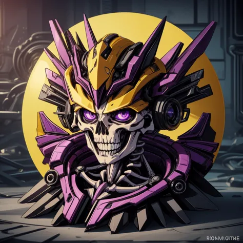 a close up of a robot skull with purple eyes and a yellow background