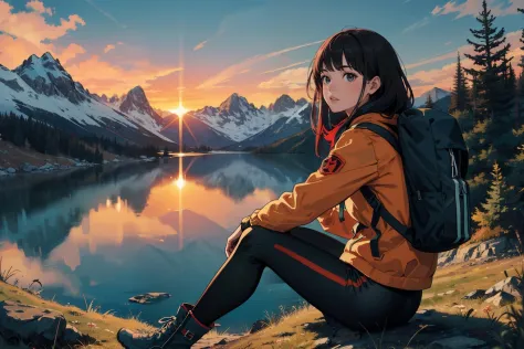 (absurdres, highres, ultra detailed), 1girl, absurdres, highres,masterpiece, outdoors, mountains, grass, forest, sunrise, lake, hiking, backpack,leggings,hiking boots,jacket