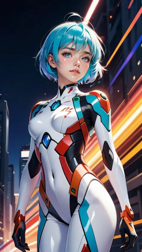 a woman in a futuristic suit standing in the middle of a city