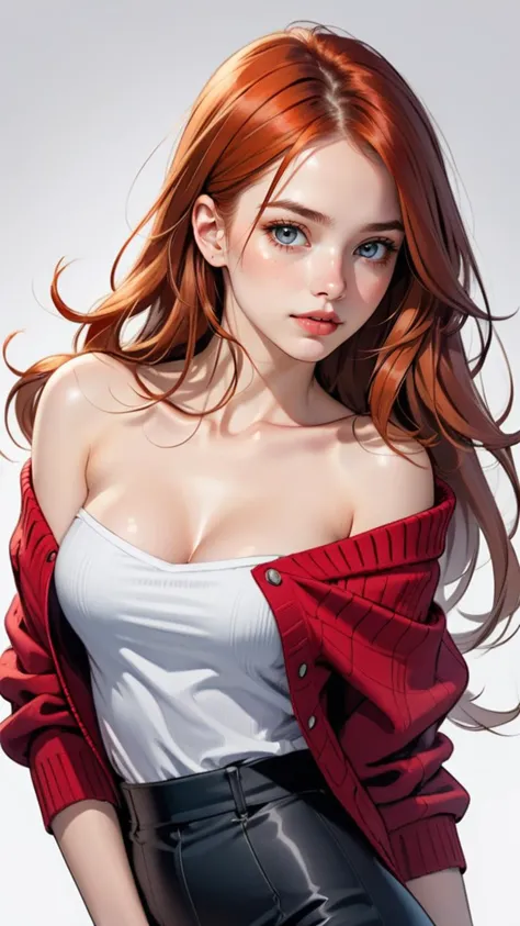 a woman with red hair and a white top posing for a picture