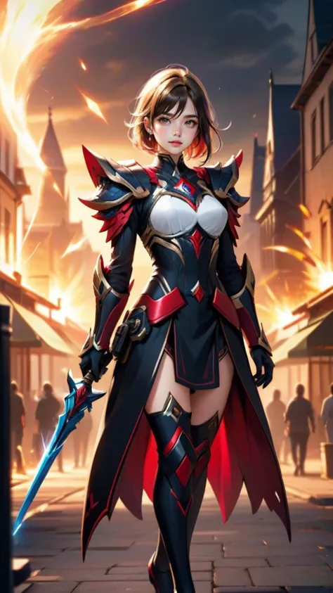 a woman in a black and red outfit holding a sword