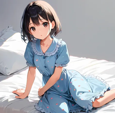 score_9, score_8_up, score_7_up,source_anime, high res image,masterpiece,best quality,girl,cowboy shot,cute face,simple background, <lora:pajams_Pony_V1.1:0.5> jyojifuku, pajamas,dress,short sleeves,sitting on bed,frills