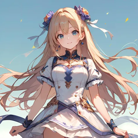 anime girl with long blonde hair and blue dress holding a sword