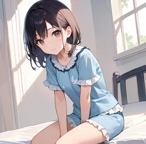 anime girl sitting on a bed with her legs crossed