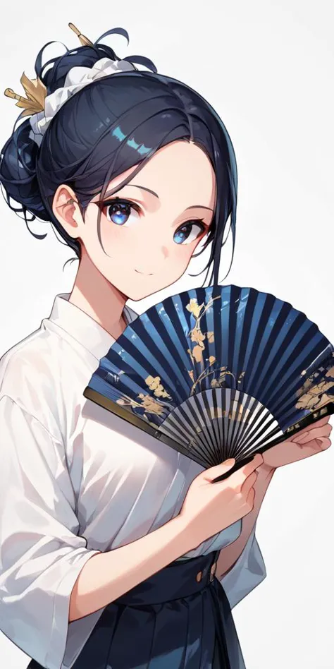 a woman in a white shirt holding a fan and a blue fan