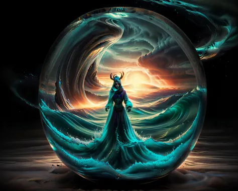 Breathtaking shot of a (dark magician)+ completely engulfed++ in a large (ball of crystal clear water)+ floating (above the grou...