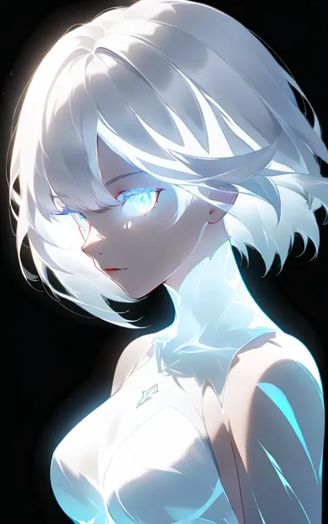 anime girl with white hair and blue eyes in a white dress