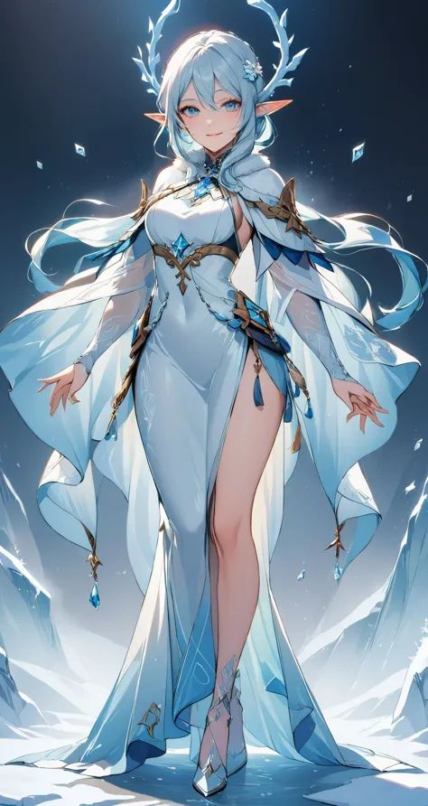 The saint, the guardian of the city of ice and snow, her posture is vigorous and elegant, as if she were an elf traveling freely through the ice and snow. Her skin was crystal clear, as pure as ice and snow. Her eyes were bright and firm, as if able to withstand all the darkness of the world. Her smile was warm and kind, as gentle and loving as a mother.