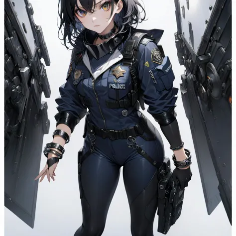 ,1 young cool girl, solo,look at the camera,wear police suit,extremely detailed CG unity 8k wallpaper,illustration,lens 135mm,masterpiece,(bracelet:1.3),(metal collar:1.3),white background,masterpiece,bestquality,masterpiece,best eyes,Standing, black quality,black_hair, masterpiece,best quality,dark persona,masterpiece,best quality,