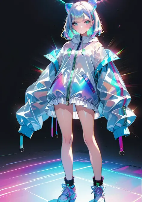 transparent color PVC clothing, transparent color vinyl clothing, prismatic, holographic, chromatic aberration, fashion illustration, masterpiece, girl with harajuku fashion, looking at viewer, 8k, ultra detailed, pixiv