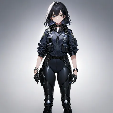 ,1 young cool girl, solo,look at the camera,wear police suit,extremely detailed CG unity 8k wallpaper,illustration,lens 135mm,masterpiece,(bracelet:1.3),(metal collar:1.3),white background,masterpiece,bestquality,masterpiece,best eyes,Standing, black quality,black_hair, masterpiece,best quality,dark persona,masterpiece,best quality,