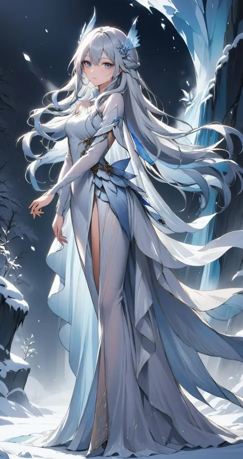 The ice queen in the cold wind, her posture is tall and elegant, as if she were a fairy born from the ice and snow. Her long hair was like a silver waterfall, fluttering in the wind, exuding a cool and noble atmosphere. Her face was delicate and picturesque, and her eyes revealed a cool and firm light that seemed to freeze everything in the world.