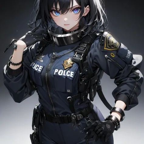 ,1 young cool girl, solo,look at the camera,wear police suit,extremely detailed CG unity 8k wallpaper,illustration,lens 135mm,masterpiece,(bracelet:1.3),(metal collar:1.3),white background,masterpiece,bestquality,masterpiece,best eyes,Standing, black quality,black_hair, masterpiece,best quality,dark persona,masterpiece,best quality,