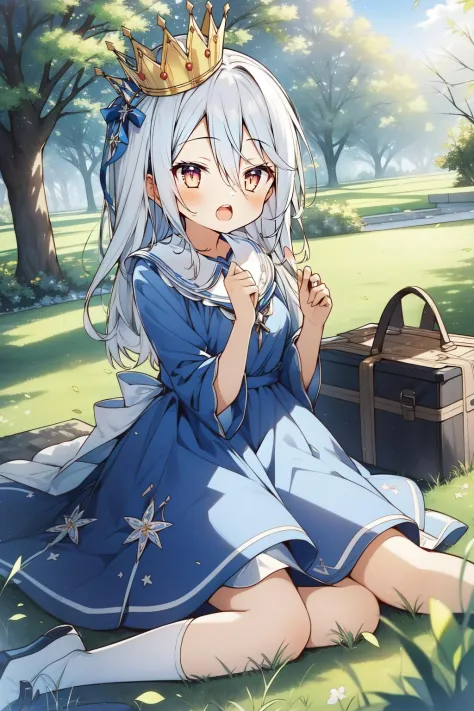 (masterpiece, best quality),  intricate details,
1girl, ShiroNGNL, white hair,  crown, blue dress, ribbon, 
outdoors, picnic, grass, tree, happy,  open mouth