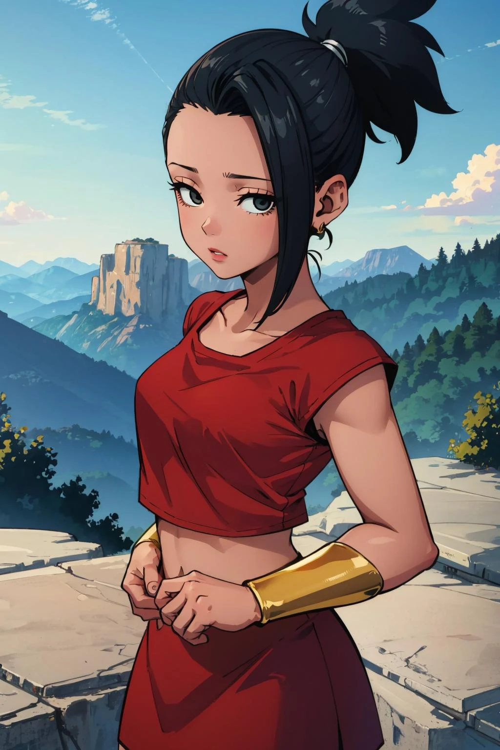 masterpiece, best quality, defKale, black eyes, ponytail, crop top, bracer, red skirt, upper body, standing, looking at viewer, nervous, green sky, mountains, rock formations, from above, close-up 