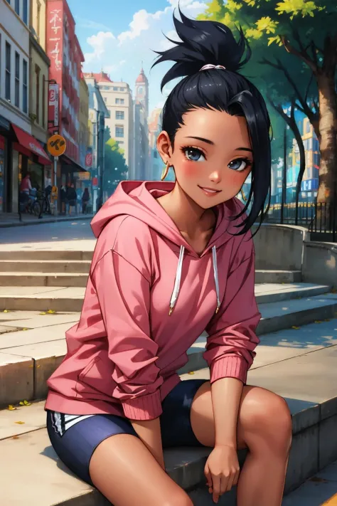 masterpiece, best quality, defKale, ponytail, pink hoodie, jean shorts, looking at viewer, smile, city street, stairs, sitting <...