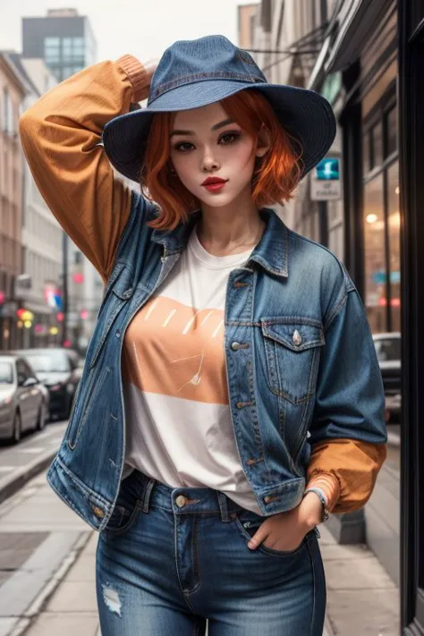 best quality, (1girl, Peach Orange hair, short, red lips, wearing jeans and a tshirt, holding on to hat, blue jacket, hand in pocket), in a city <lora:hairdetailer:.5> <lora:add_detail:0.5> <lora:boldline:0.2>