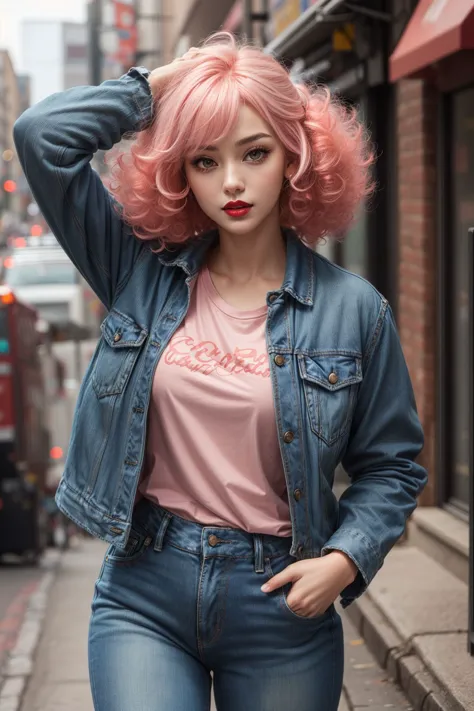 best quality, (1girl, coral pink hair, curls, red lips), (wearing jeans and a tshirt, blue jacket), hand in pocket, hand in hair...