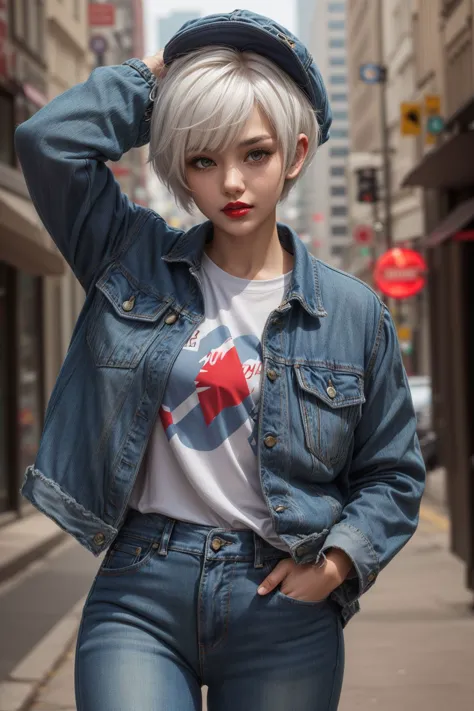 best quality, (1girl, white hair, pixie cut, red lips), (wearing jeans and a tshirt, holding on to hat, blue jacket, hand in poc...