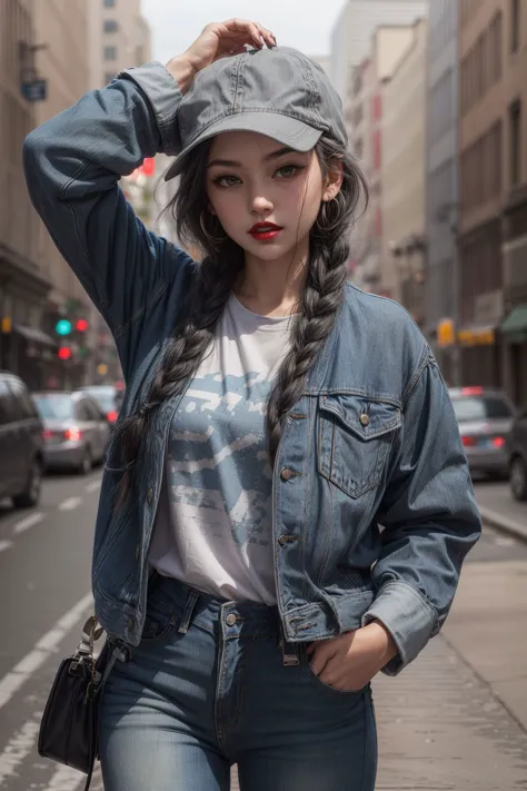 best quality, (1girl, slate gray hair, long braids, red lips), (wearing jeans and a tshirt, blue jacket), hand in pocket, holdin...