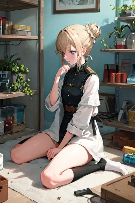 highly insanely detailed, masterpiece, top quality, best quality, highres, 4k, 8k, RAW photo, (very aesthetic, beautiful and aesthetic), profile, 1girl,  (blue eyes), hair, very short hair,dirty blonde hair, messy bun hair,  green clothes,  , wariza, sitting, w-sitting, hand between legs, between legs, vibrant background, vivid background,