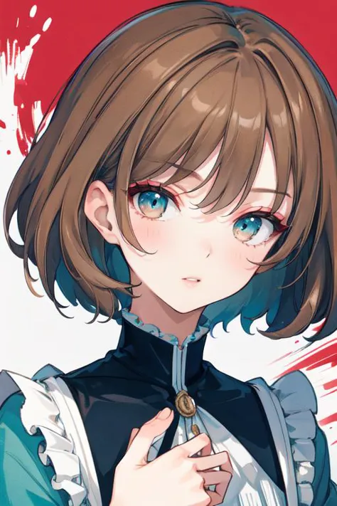 highly insanely detailed, masterpiece, top quality, best quality, highres, 4k, 8k, RAW photo, (very aesthetic, beautiful and aesthetic), (closeup, face only, face focus, face closeup, close up of face, face photo), 1girl,   hair, very short hair,light brown hair, tousled waves hair,  cyan clothes,  evil,  red and white background,