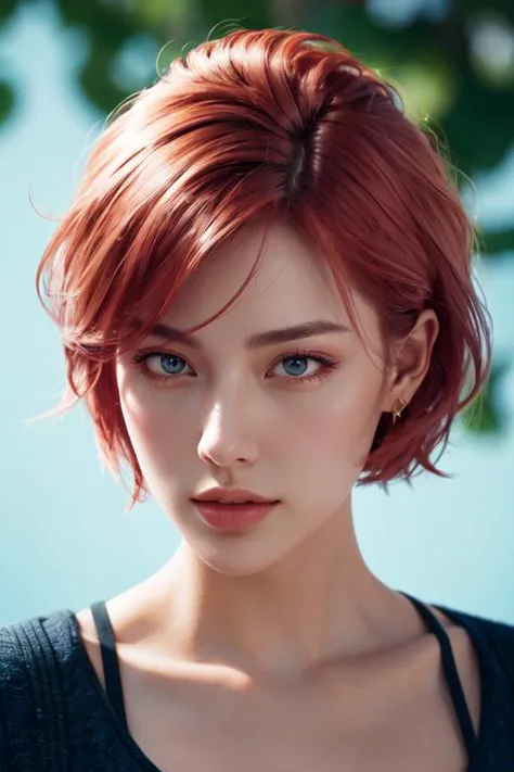 highly insanely detailed, masterpiece, top quality, best quality, highres, 4k, 8k, RAW photo, (very aesthetic, beautiful and aesthetic), (closeup, face only, face focus, face closeup, close up of face, face photo), 1girl,   hair, very short hair,rose gold hair, pompadour hair,  blue clothes,  ,  vibrant background, vivid background,