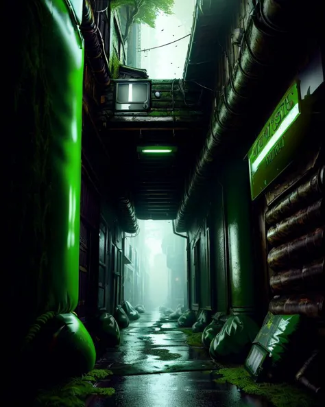 a close up of a hallway with a green light and a green floor