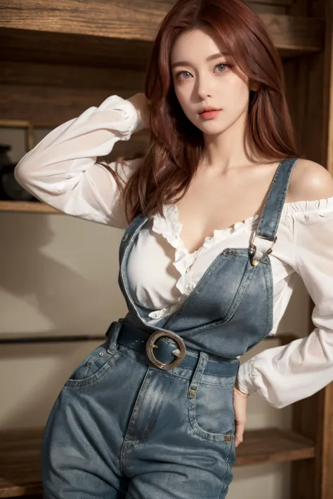 a close up of a woman in overalls posing for a picture