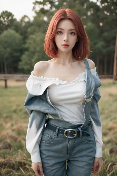 a woman with red hair and a white top standing in a field