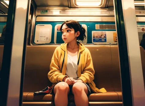 (masterpiece, best quality),1girl sitting on a subway train, looking to the side, subway car door, from below, solo focus
