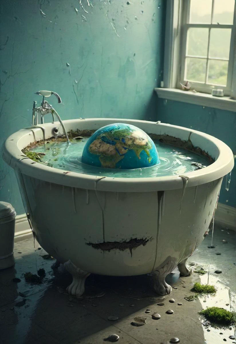 um pequeno planeta encharcado está flutuando na sua banheira entupindo aquela maldita coisa, limpeza impossível, 