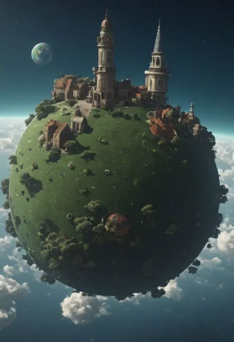 a close up of a small green planet with a castle on top