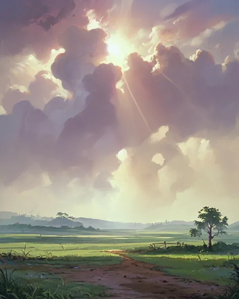 anime landscape with sun and clouds