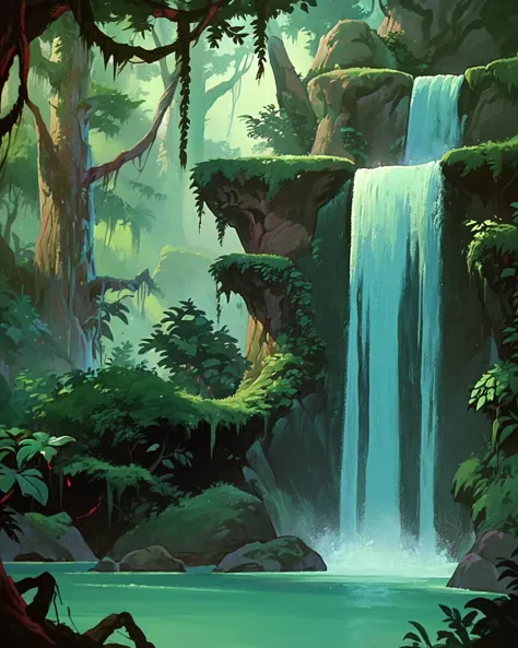 a close up of a waterfall in a jungle with trees