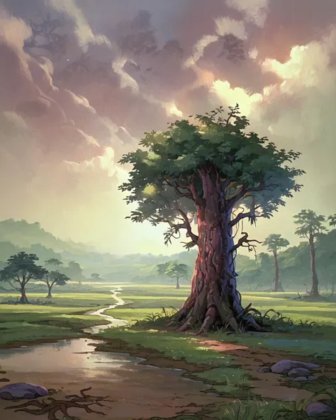 painting of a tree in a field with a stream running through it