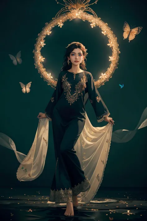 A Photograph that captures a mesmerizing scene of a woman floating effortlessly in mid-air, surrounded by a halo of glowing butterflies. Her serene expression and flowing gown lend an ethereal quality to the image, as if she exists in a realm between dreams and reality, zig-zag pattern, (((_embroidery15_))), black dress, shalwar, <lora:xyzsanshalwarqameez:0.8>