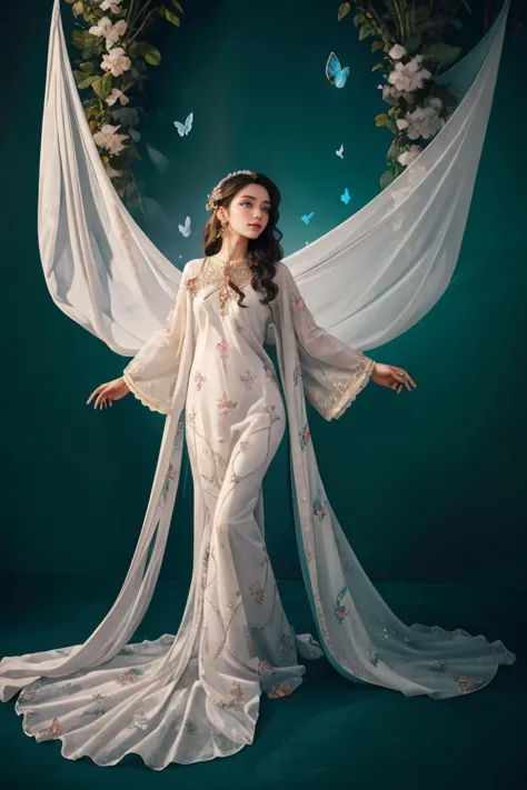 A Photograph that captures a mesmerizing scene of a woman floating effortlessly in mid-air, surrounded by a halo of glowing butterflies. Her serene expression and flowing gown lend an ethereal quality to the image, as if she exists in a realm between dreams and reality, zig-zag pattern, embroidery, white dress, shalwar, <lora:xyzsanshalwarqameez:0.8>