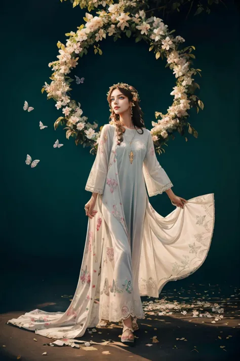 a woman in a white dress standing in front of a wreath of flowers