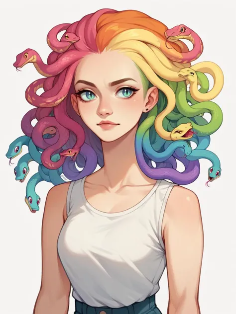 a woman with colorful hair and a white shirt with snakes on it