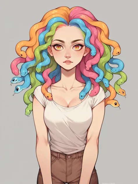 a drawing of a woman with colorful hair and snakes on her head