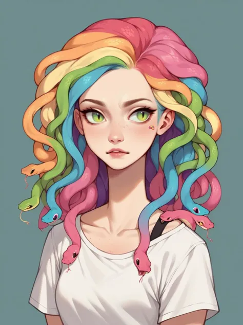 a girl with colorful hair and a snake on her shoulder