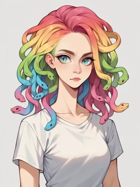 a drawing of a woman with colorful hair and a white shirt