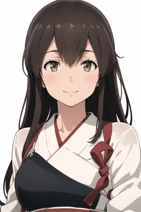 masterpiece, best quality,
1girl, solo,
aaakagi,
long hair, japanese clothes, muneate, single glove, ribbon trim,
portrait, official art, smile,,, 