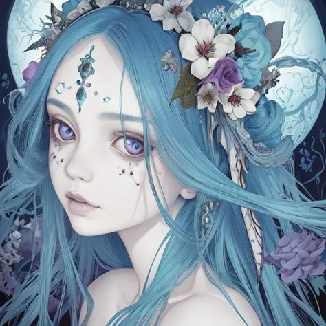 head and shoulders portrait of succubus with flowers aquatic motifs, by Giger, Tim Burton, Artgerm, hyperdetailed