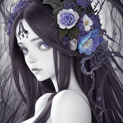 head and shoulders portrait of succubus with flowers aquatic motifs, by giger, tim burton, artgerm, hyperdetailed