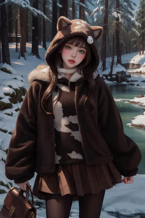 araffe girl in a brown coat and skirt standing in the snow